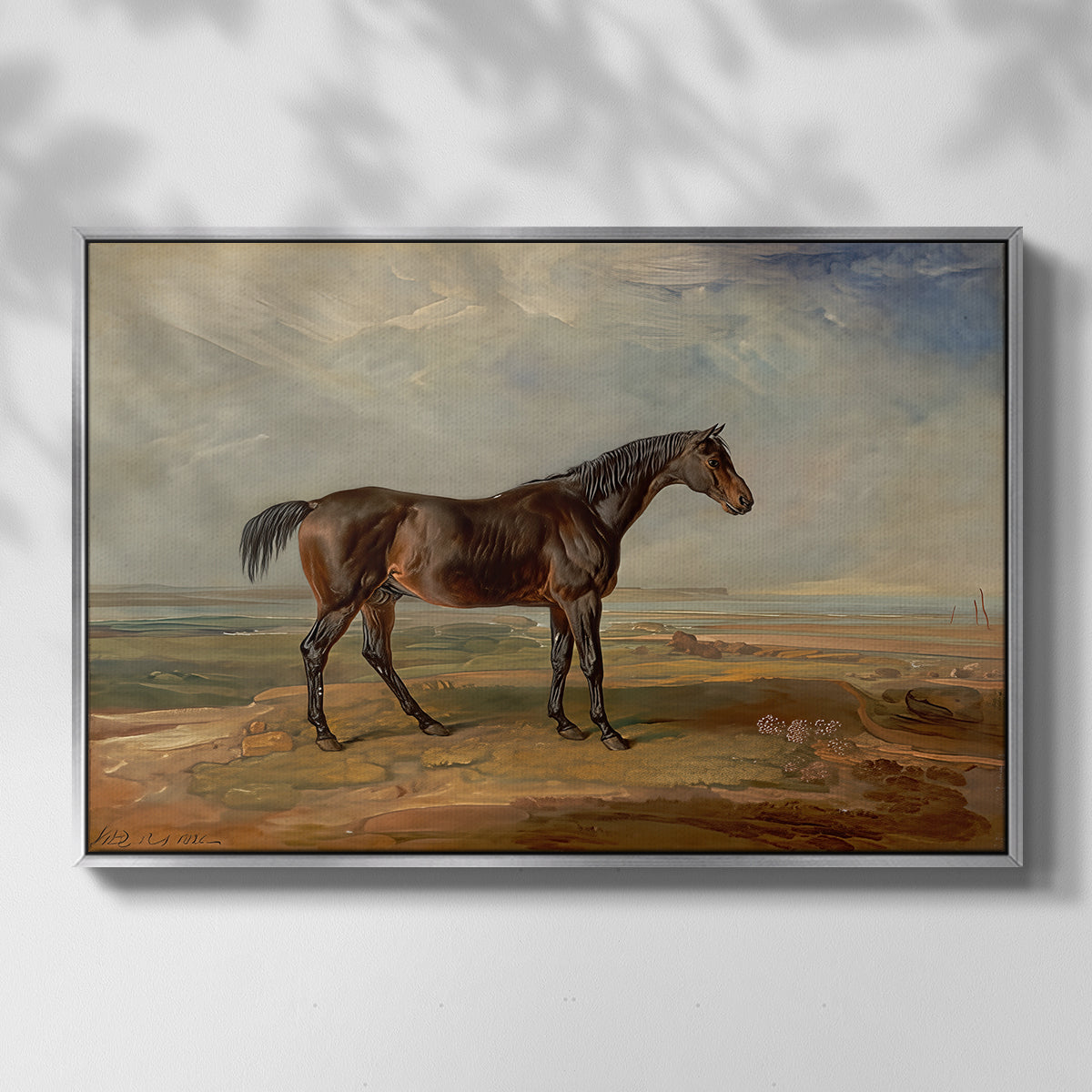 Dr. Syntax, a Bay Racehorse, Standing in a Coastal Landscape, an Estuary Beyond, c. 1820 - Floater Framed Canvas Print