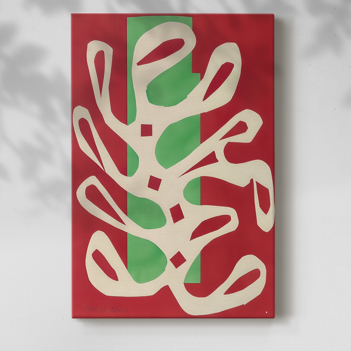 Canvas art print of a stylized design with flowing white forms and bold color blocks with a soft shadow on a white background.