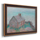 Impressionist coastal building landscape by Claude Monet printed on canvas in an ornate bronzed mahogany wood frame.