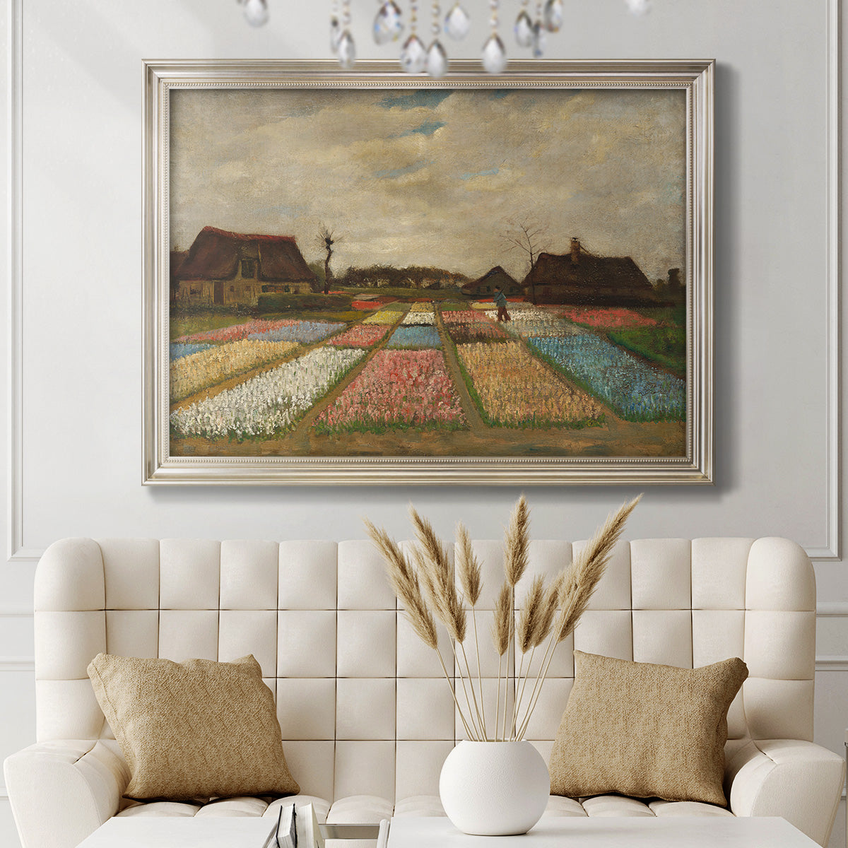 Impressionist Dutch bulb field landscape by Vincent van Gogh in an ornate champagne frame displayed in a neutral-toned interior setting.