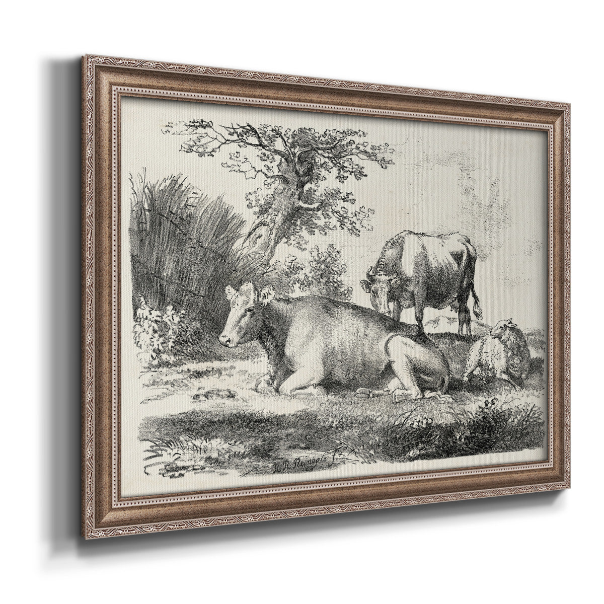 Classical pastoral landscape artwork by Nicolas Berchem printed on canvas in an ornate traditional silver frame.