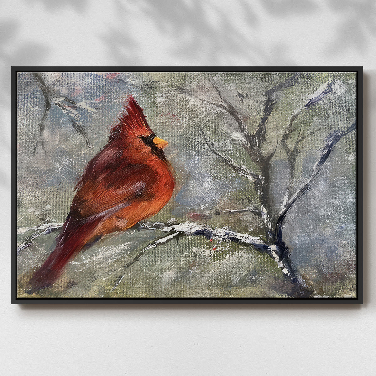 Cardinal in Snow II - Framed Gallery Wrapped Canvas in Floating Frame