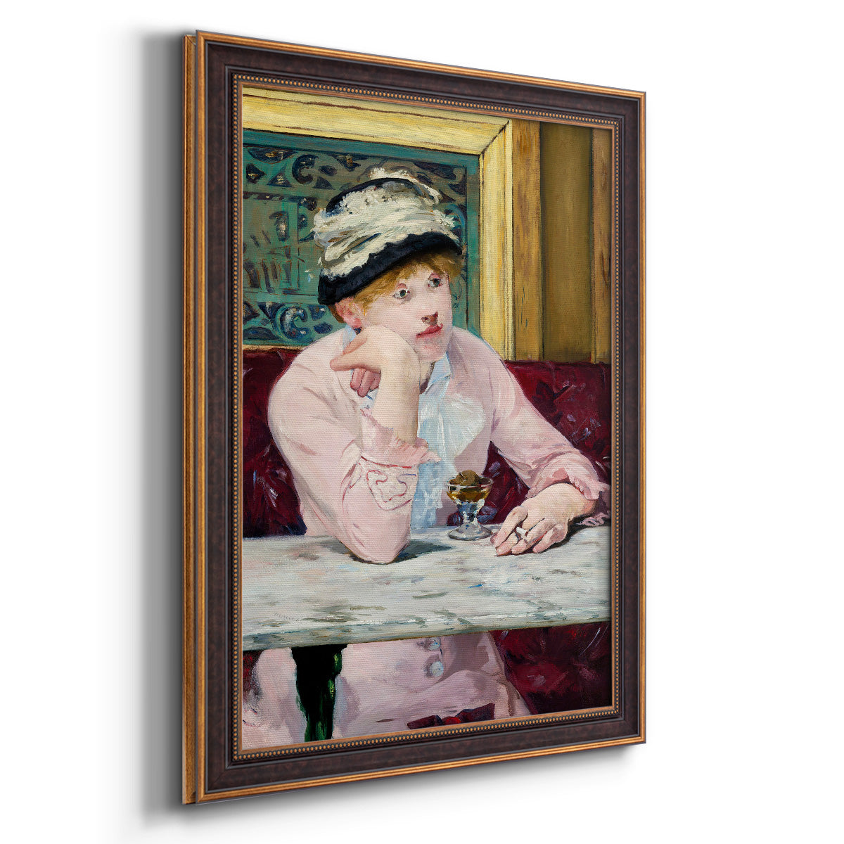 Impressionist portrait scene with plum brandy by Édouard Manet printed on canvas in an ornate bronzed mahogany wood frame with a vertical orientation.