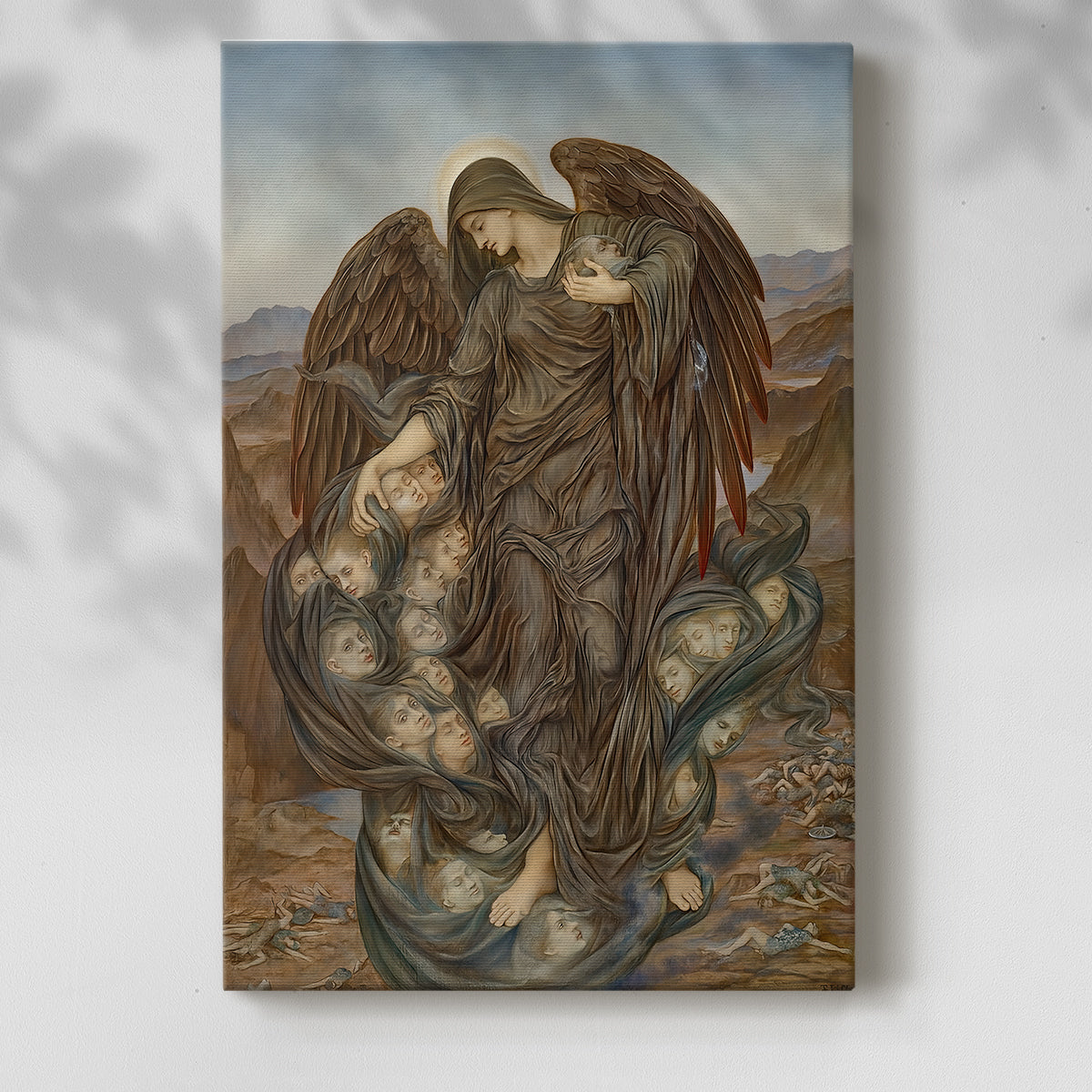 Canvas art print of a dramatic composition with figures lying across a barren field with a soft shadow on a white background.