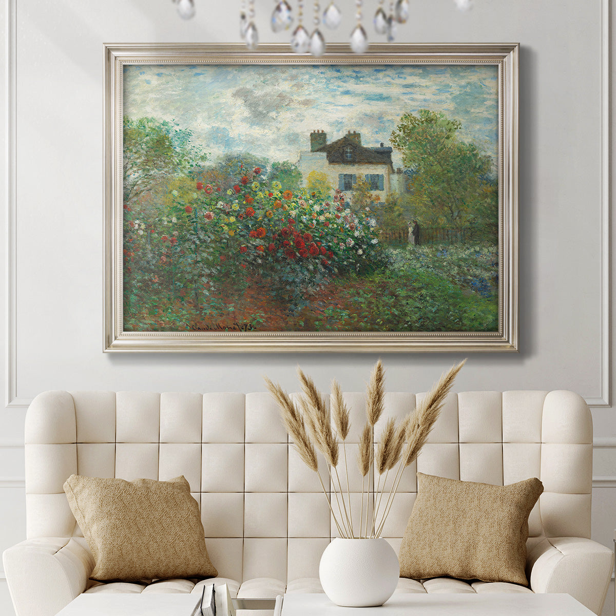 Impressionist garden landscape at Argenteuil by Claude Monet in an ornate champagne frame displayed in a neutral-toned interior setting.