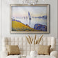 Impressionist coastal harbor at dusk by Paul Signac in an ornate champagne frame displayed in a neutral-toned interior setting.