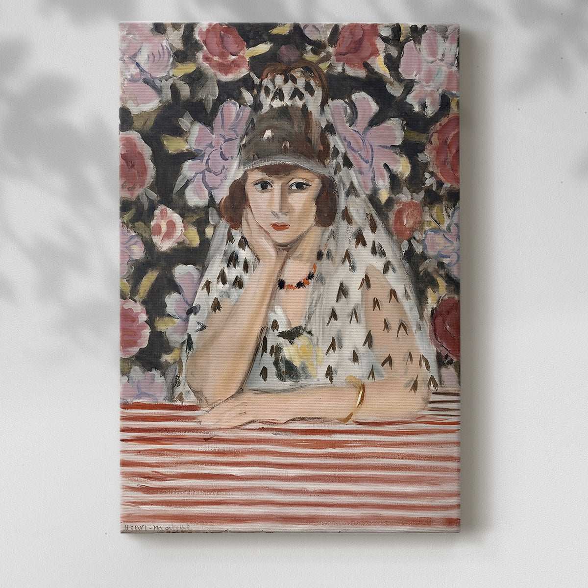 Canvas art print of a stylized bust with decorative detail and expressive tones with a soft shadow on a white background.