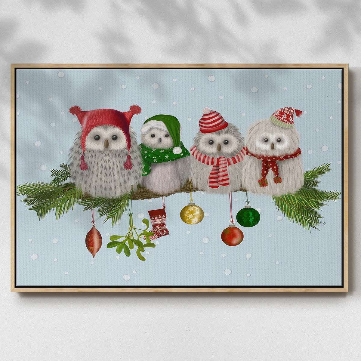 Christmas Fluffy Christmas Owls on Branch - Framed Gallery Wrapped Canvas in Floating Frame