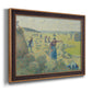 Impressionist rural hay harvest landscape by Camille Pissarro printed on canvas in an ornate bronzed mahogany wood frame.