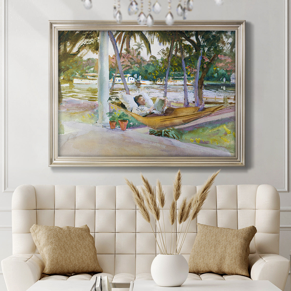 Impressionist leisure portrait scene by John Singer Sargent in an ornate champagne frame displayed in a neutral-toned interior setting.