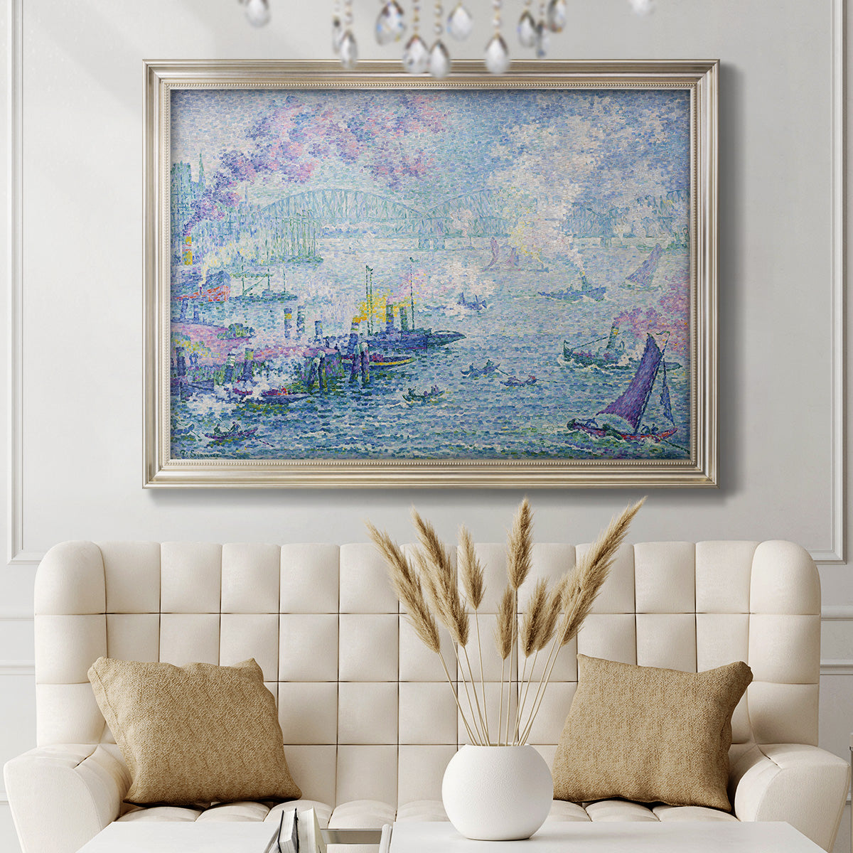 Impressionist industrial harbor scene by Paul Signac in an ornate champagne frame displayed in a neutral-toned interior setting.