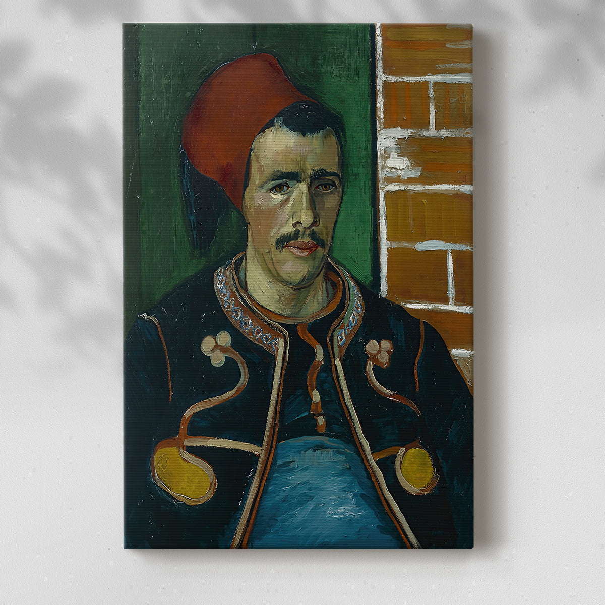 Canvas art print of a vivid figure with strong outlines and vibrant tones with a soft shadow on a white background.