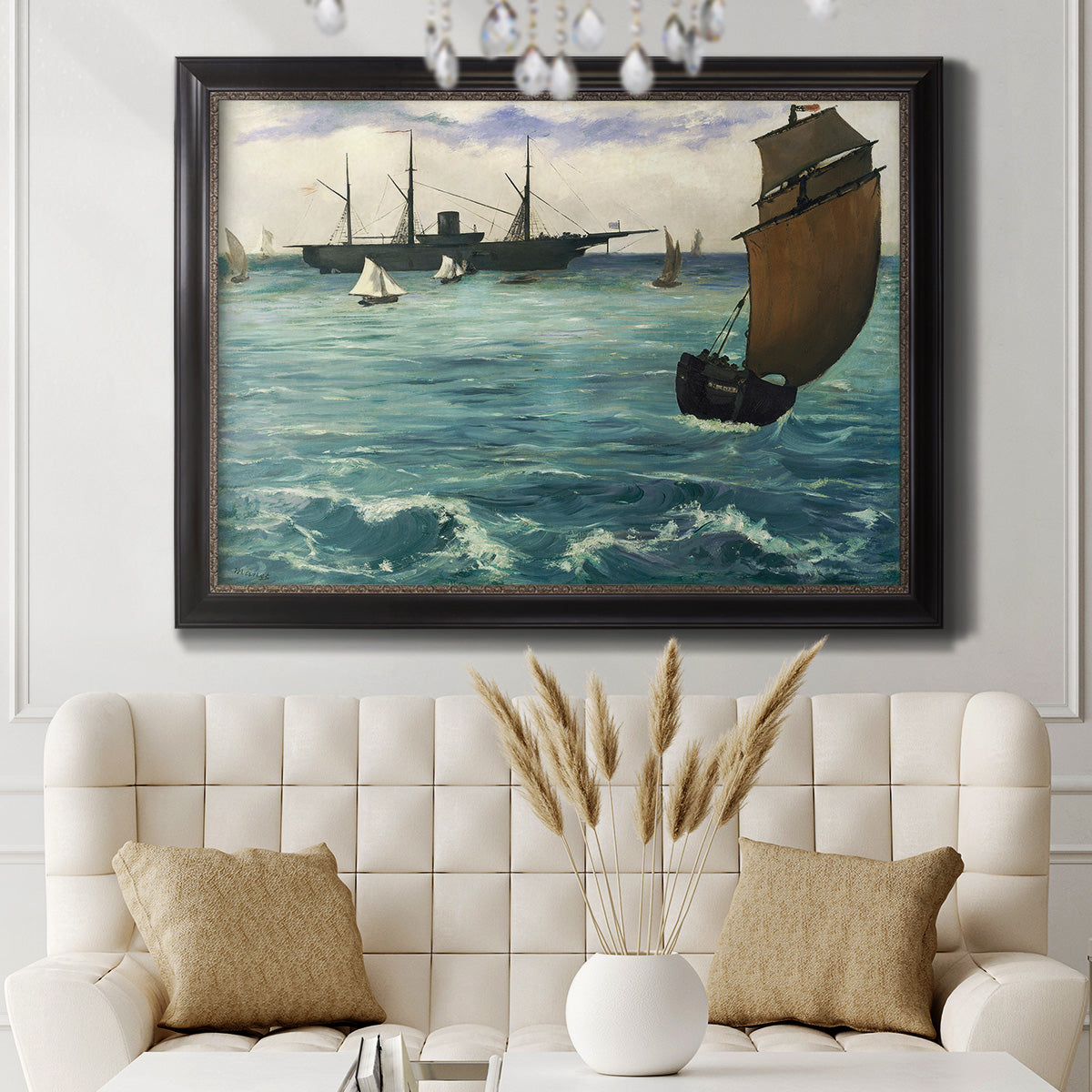 Impressionist naval seascape with the Kearsarge by Édouard Manet in an ornate black frame with gilded inner detail displayed in a neutral-toned interior setting.