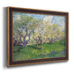 Impressionist spring orchard landscape by Vincent van Gogh printed on canvas in an ornate bronzed mahogany wood frame.
