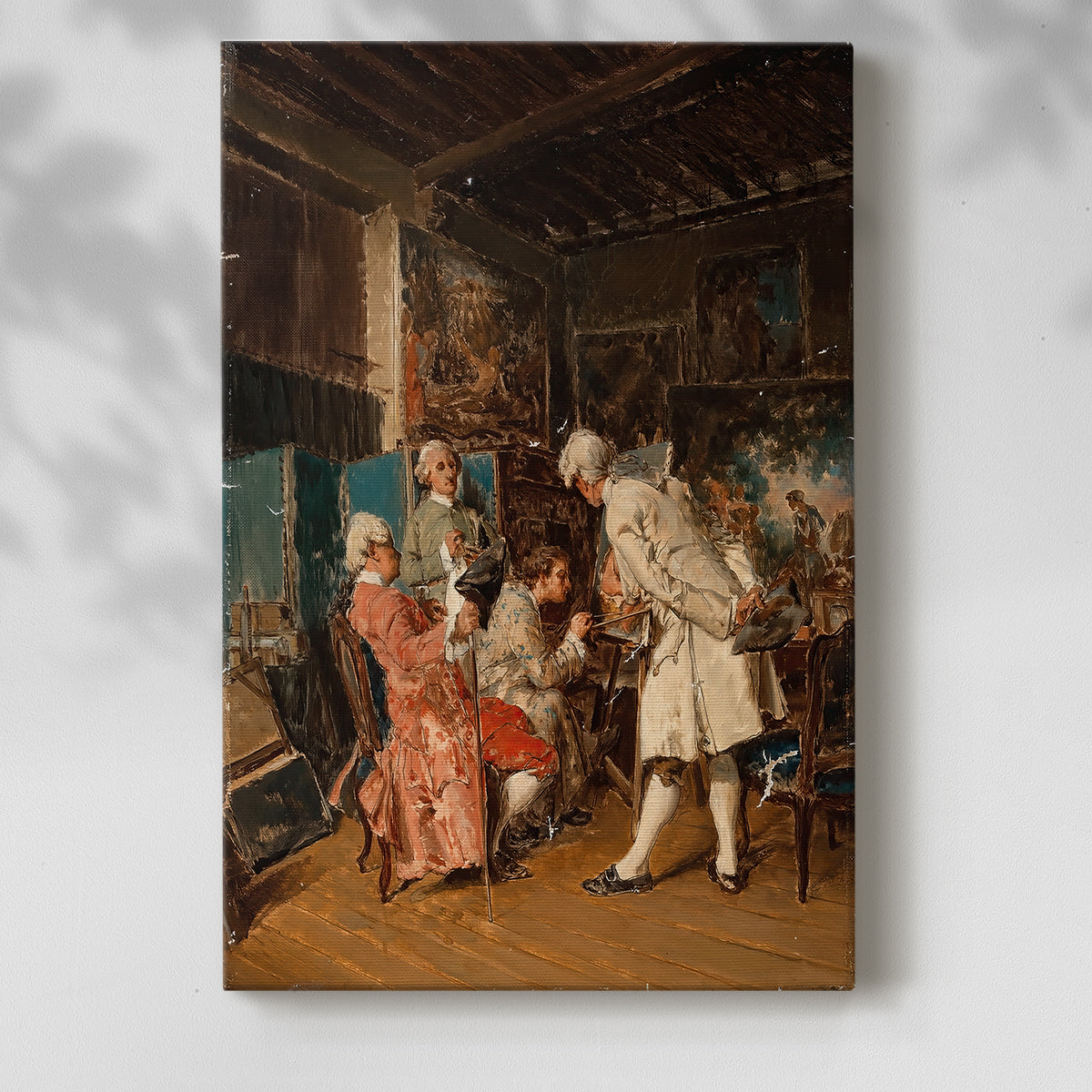 Canvas art print of a group gathered around artworks in a softly lit room with a soft shadow on a white background.