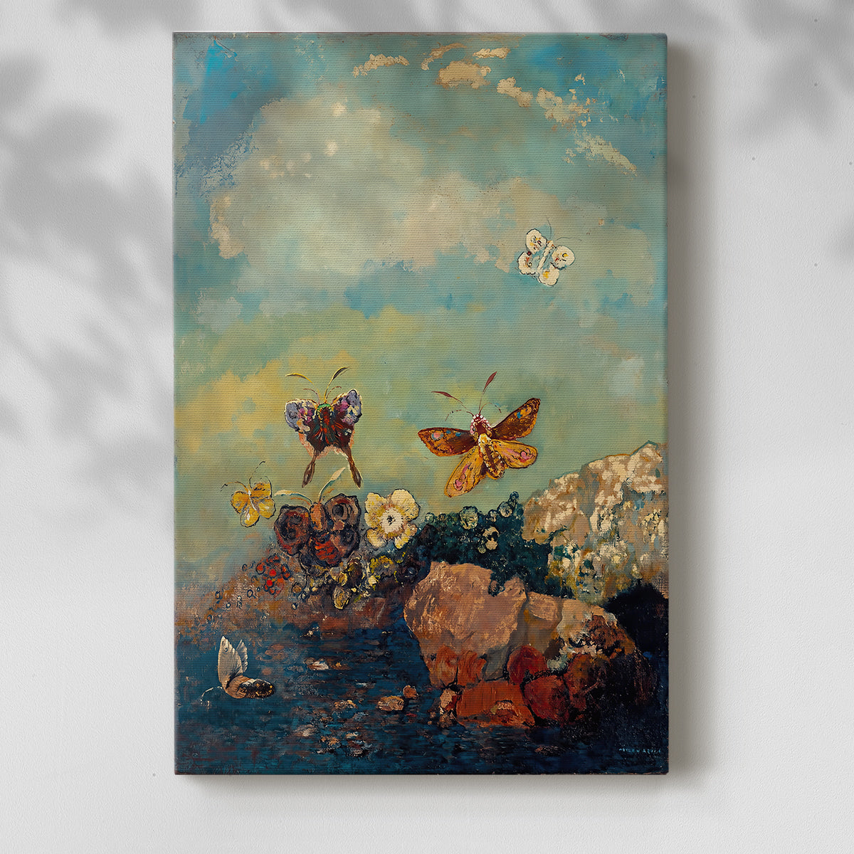 Canvas art print of a light composition with floating forms and gentle color with a soft shadow on a white background.
