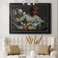 Traditional portrait of a woman holding peonies by Frédéric Bazille in an ornate black frame with gilded inner detail displayed in a neutral-toned interior setting.