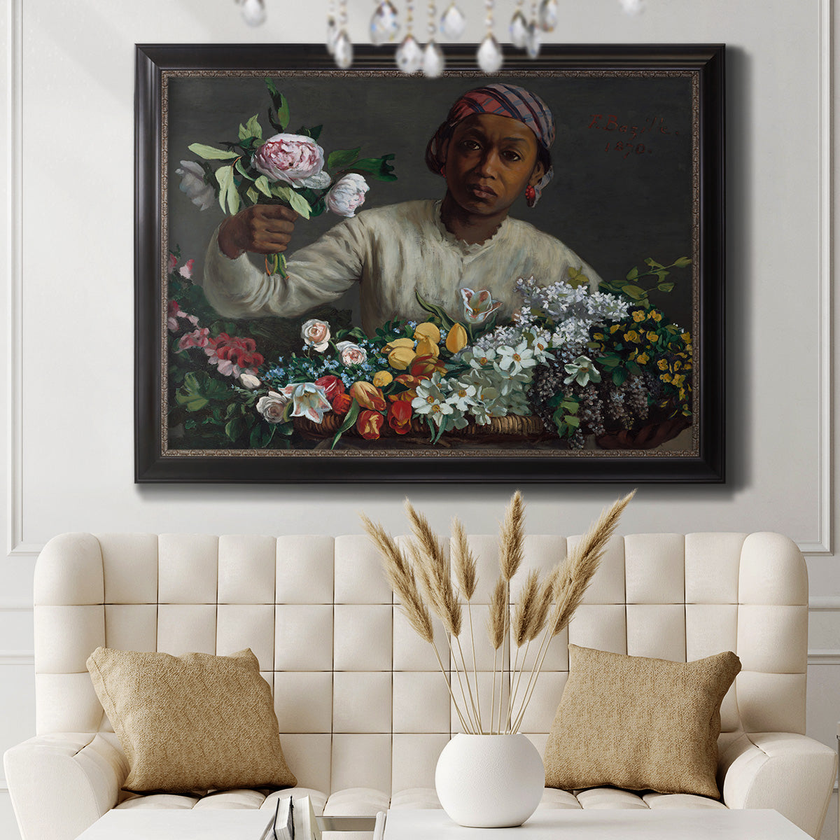 Traditional portrait of a woman holding peonies by Frédéric Bazille in an ornate black frame with gilded inner detail displayed in a neutral-toned interior setting.