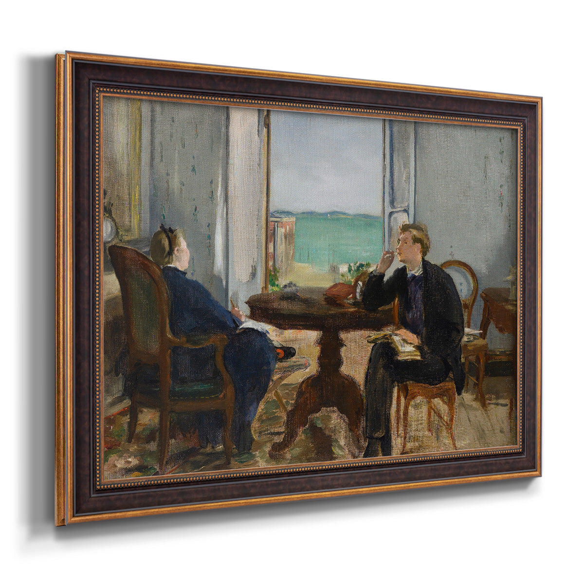 Impressionist interior scene by Édouard Manet printed on canvas in an ornate bronzed mahogany wood frame.