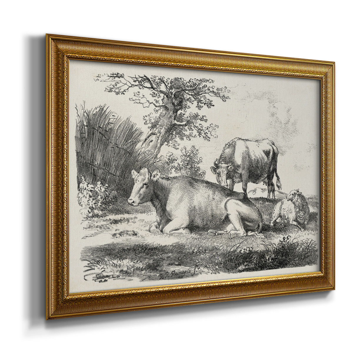 Classical pastoral landscape artwork by Nicolas Berchem printed on canvas in an ornate traditional gold frame.