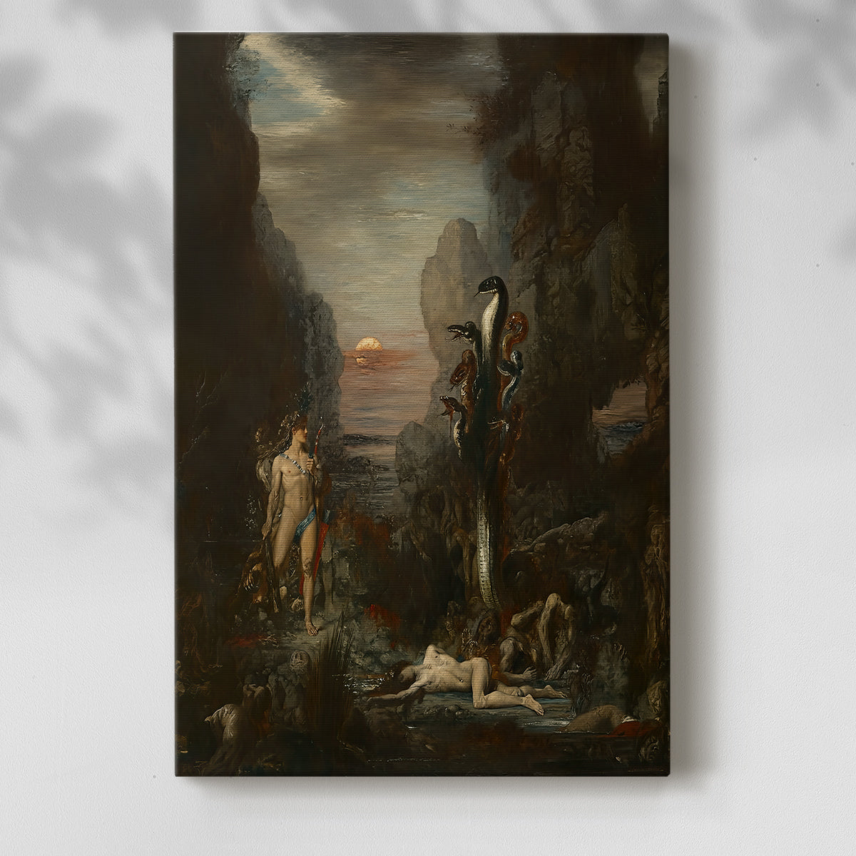 Canvas art print of a mythic struggle with dynamic forms and strong contrast with a soft shadow on a white background.