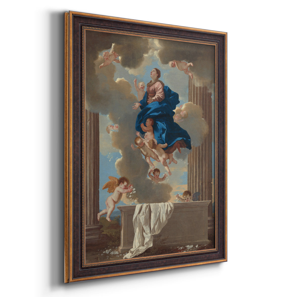 Classical religious depiction of the Assumption of the Virgin by Nicolas Poussin printed on canvas in an ornate bronzed mahogany wood frame with a vertical orientation.