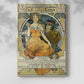 Canvas art print of a vintage advertisement with a stylized female figure and decorative text with a soft shadow on a white background.