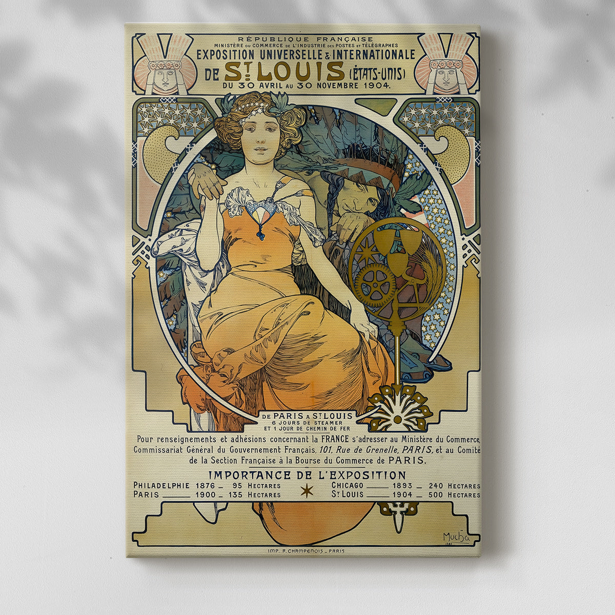 Canvas art print of a vintage advertisement with a stylized female figure and decorative text with a soft shadow on a white background.