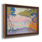 Pointillist coastal seascape by Paul Signac printed on canvas in an ornate bronzed mahogany wood frame.