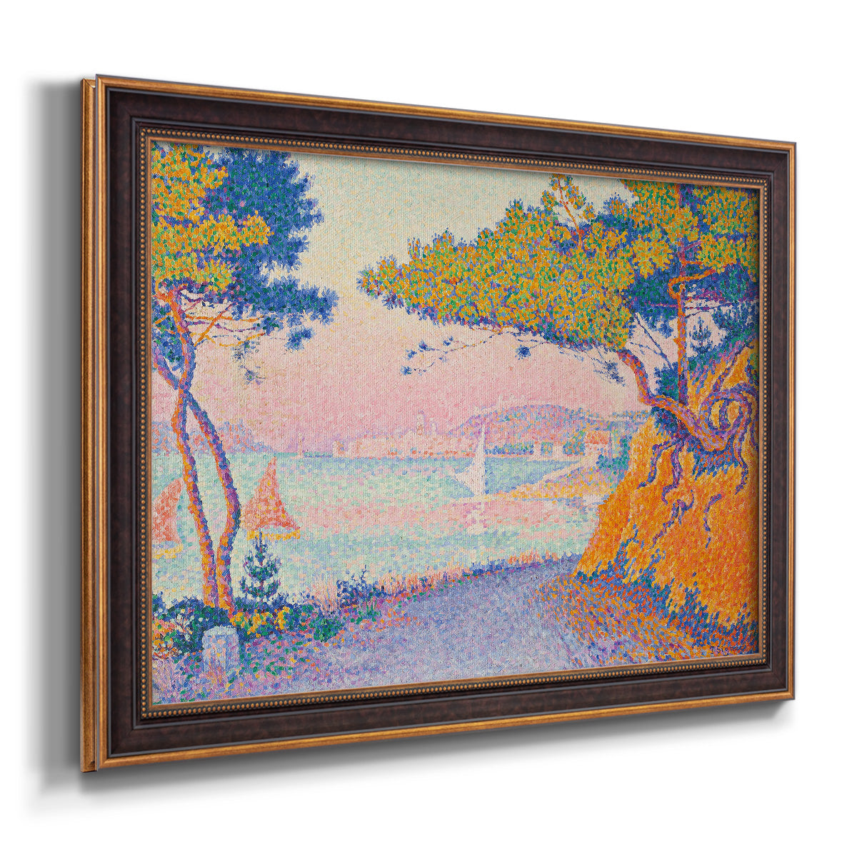 Pointillist coastal seascape by Paul Signac printed on canvas in an ornate bronzed mahogany wood frame.