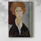 Canvas art print of a stylized portrait with simplified forms and elongated neck with a soft shadow on a white background.