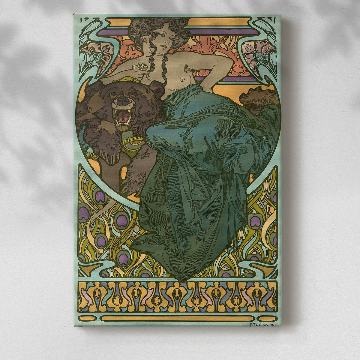 Canvas art print of a stylized portrait of a reclining woman with flowing hair and ornate details with a soft shadow on a white background.