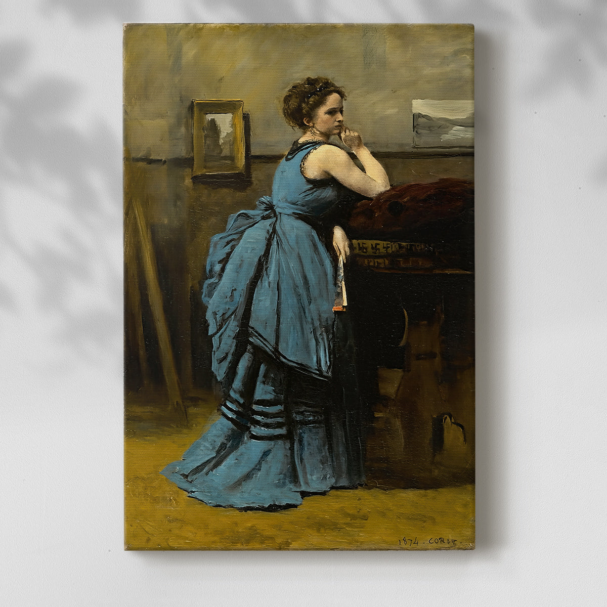 Canvas art print of a refined female figure with gentle tones and calm expression with a soft shadow on a white background.