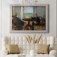 Impressionist interior scene by Édouard Manet in an ornate weathered white frame displayed in a neutral-toned interior setting.