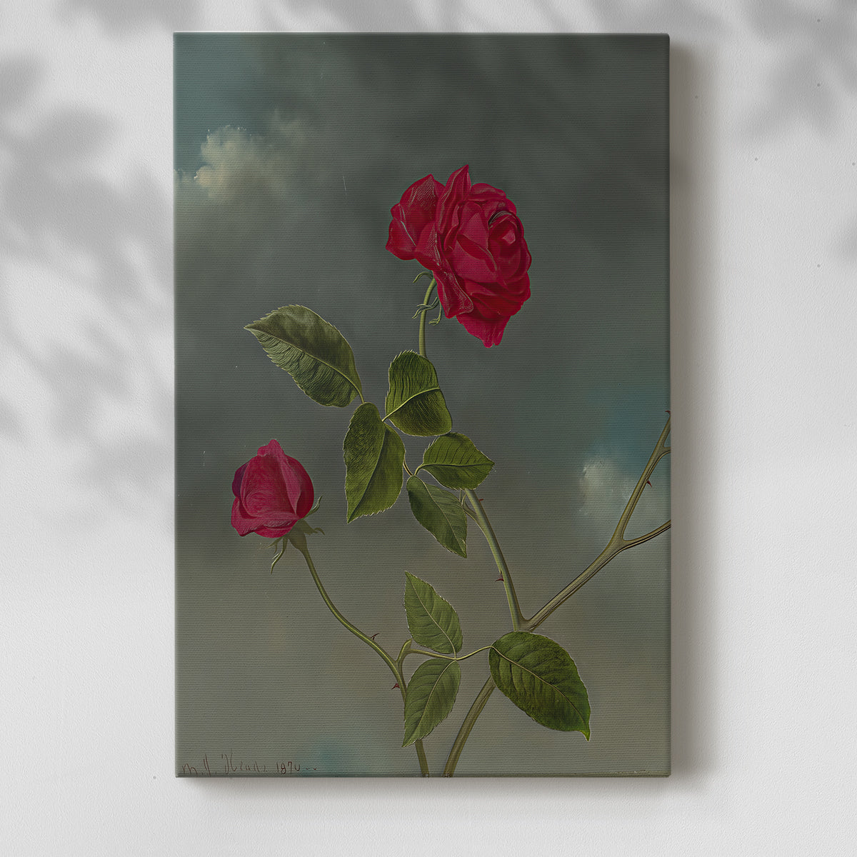 Canvas art print of a simple floral composition with gentle tones and texture with a soft shadow on a white background.