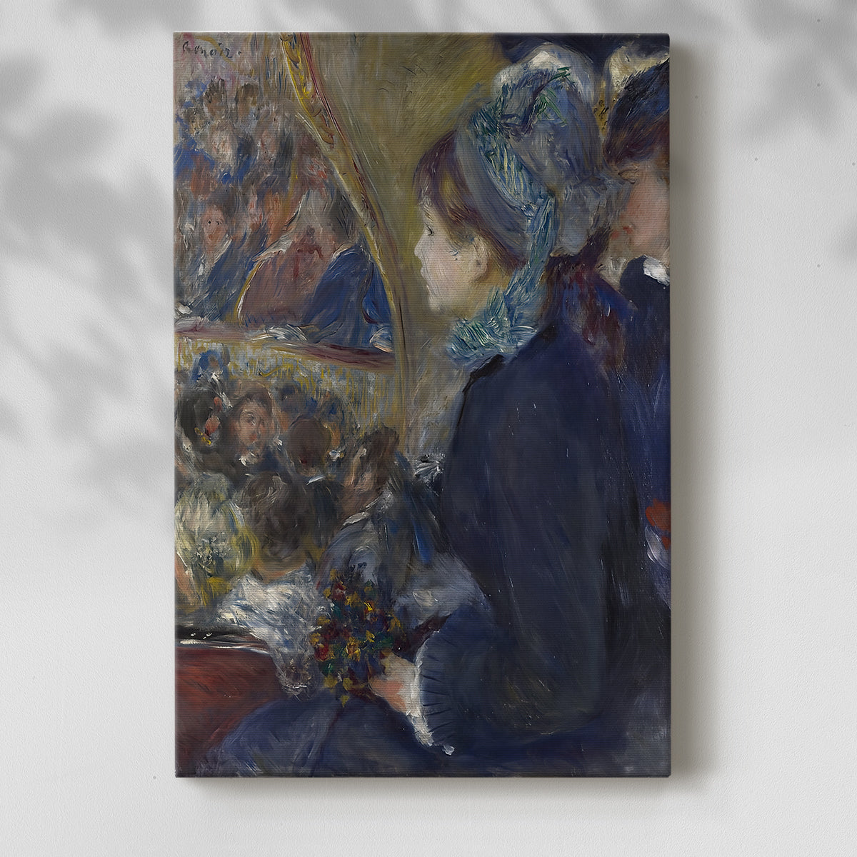 Canvas art print of a social setting with figures in formal dress and soft lighting with a soft shadow on a white background.