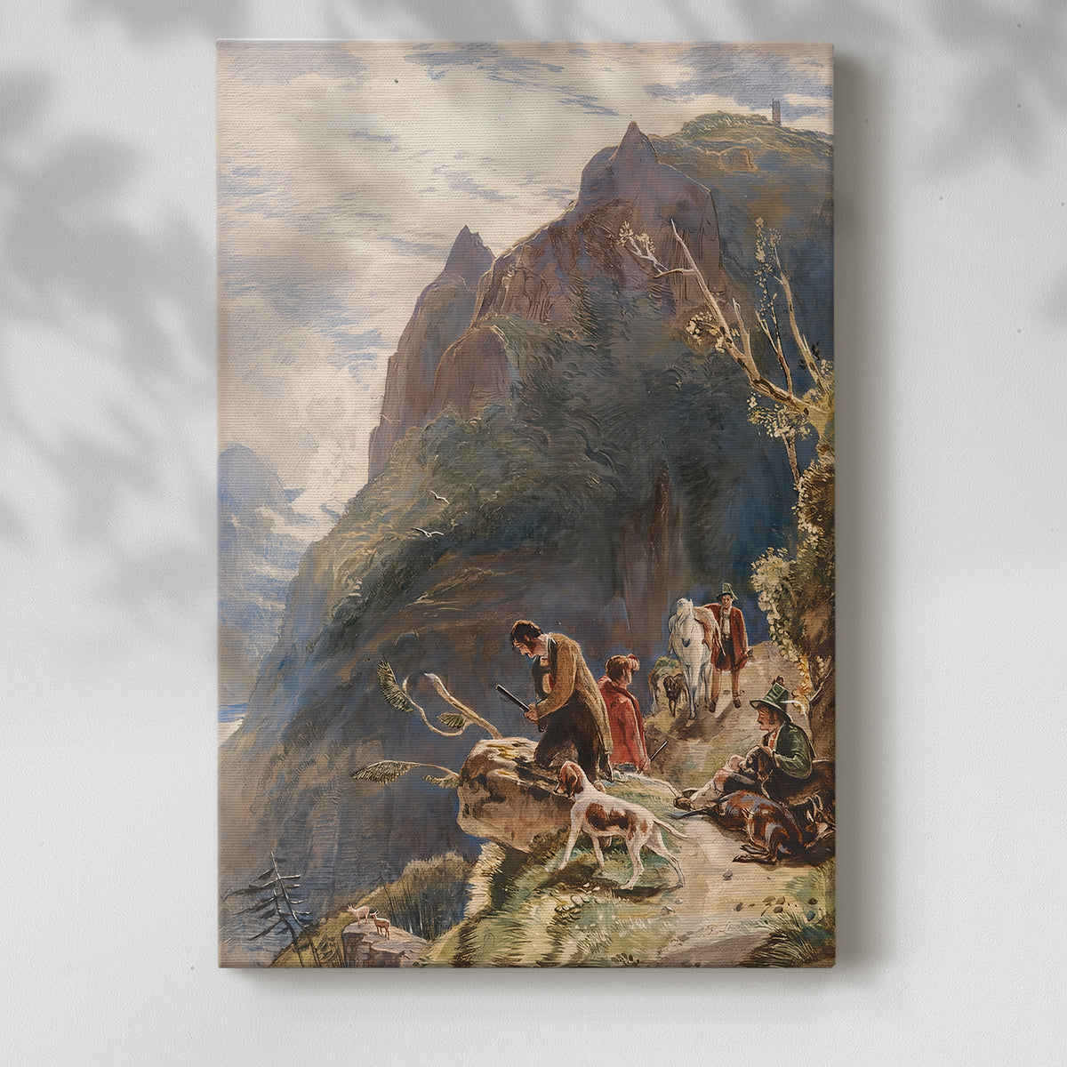 Canvas art print of a natural scene with figures in outdoor setting and soft tones with a soft shadow on a white background.