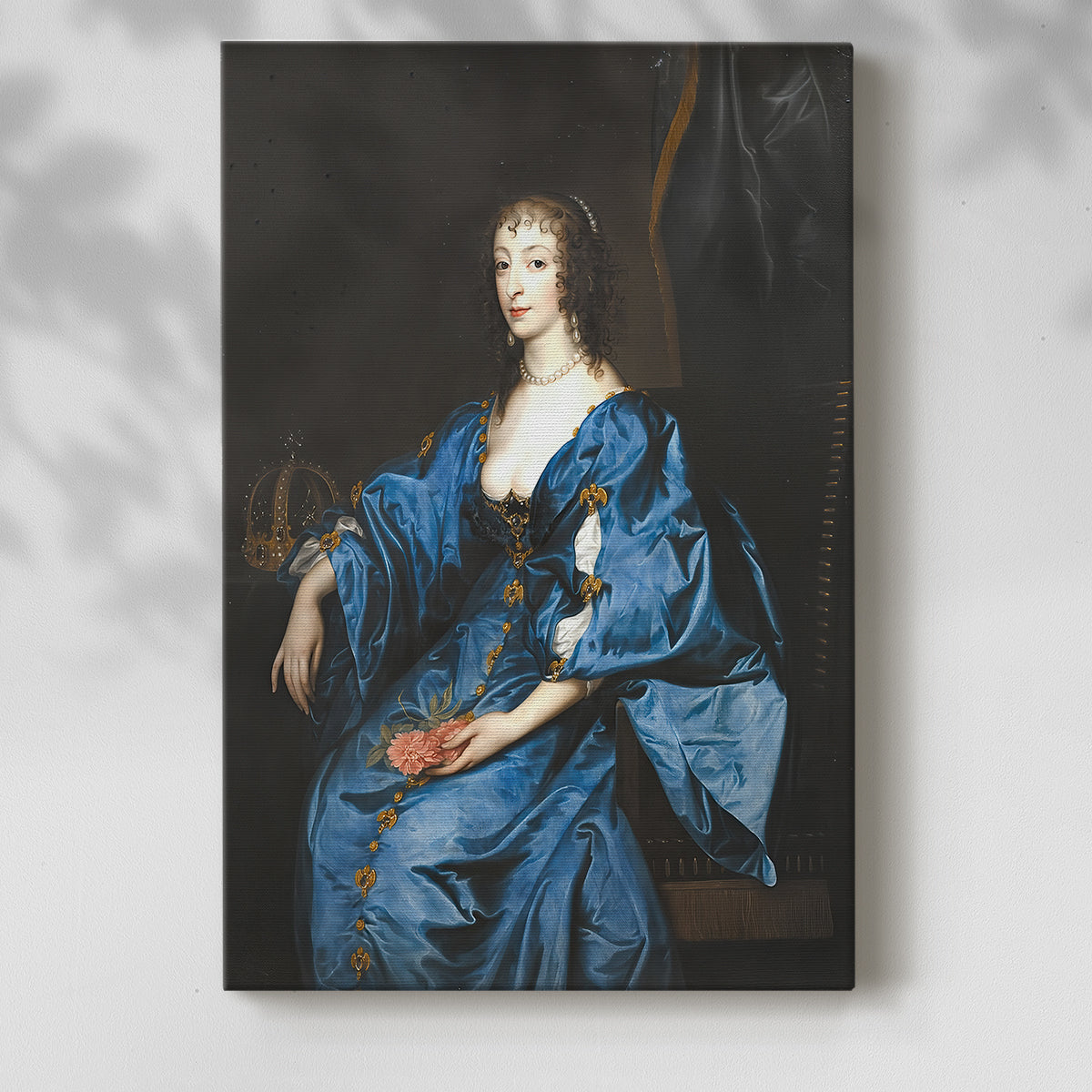 Canvas art print of a royal portrait of a woman with detailed dress and composed pose with a soft shadow on a white background.