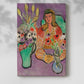 Canvas art print of a stylized figure with bright blooms and bold color contrast with a soft shadow on a white background.