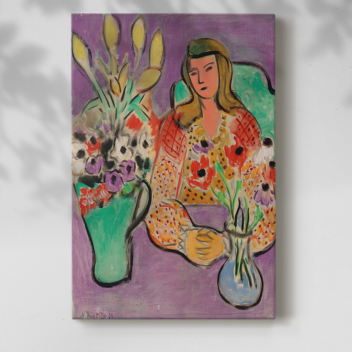 Canvas art print of a stylized figure with bright blooms and bold color contrast with a soft shadow on a white background.