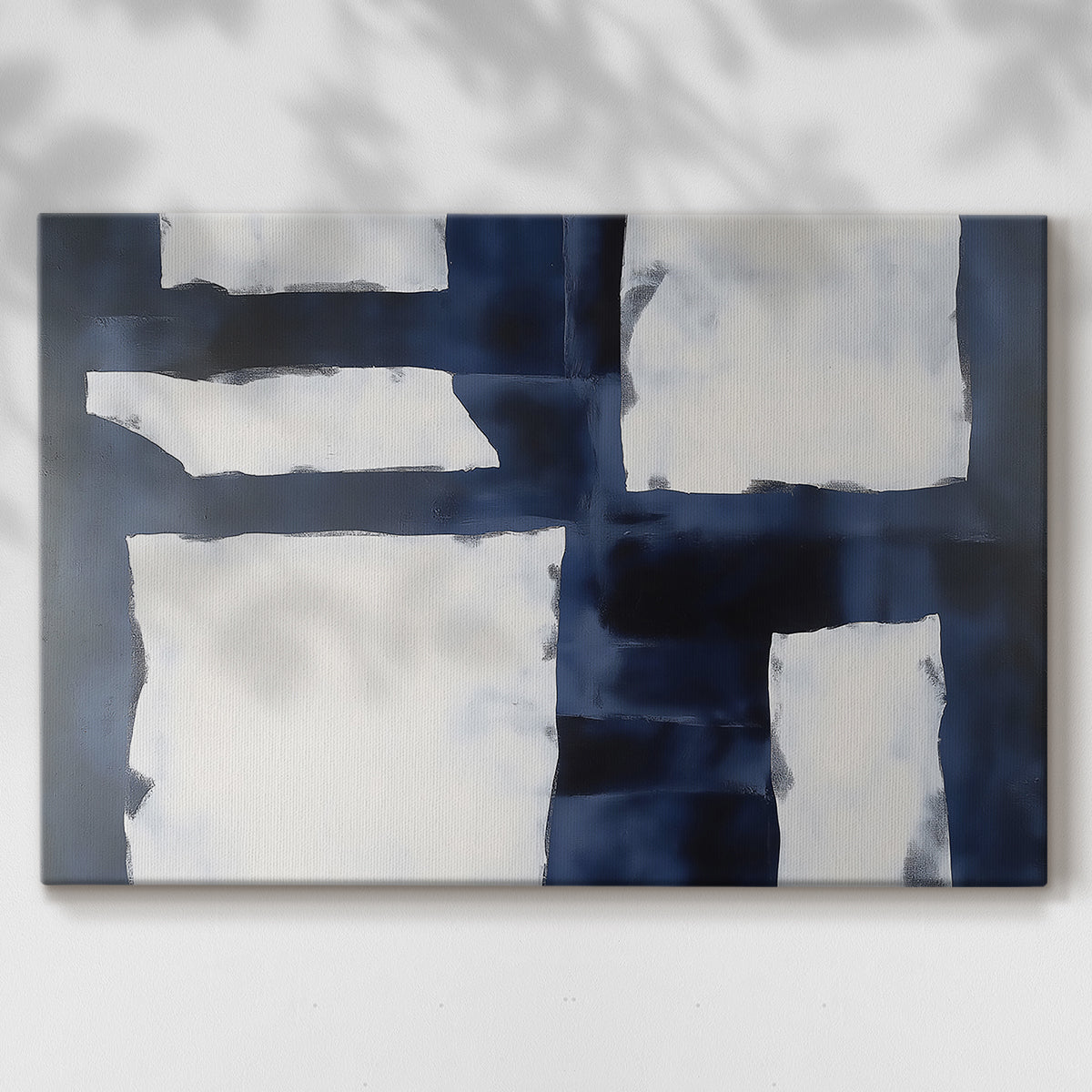 Modern abstract artwork showcasing contrasts with blue and white shapes on canvas