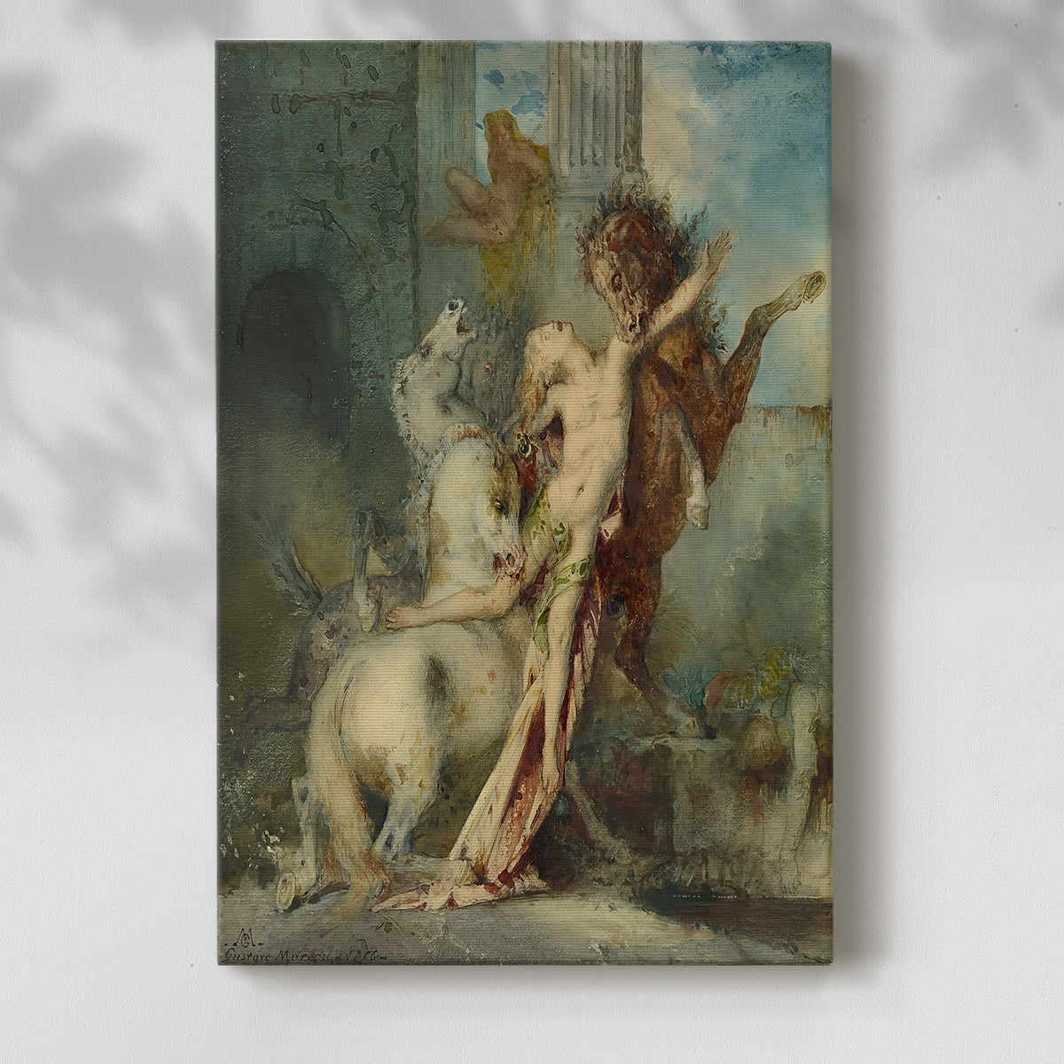 Canvas art print of a mythological composition with movement and strong tension with a soft shadow on a white background.