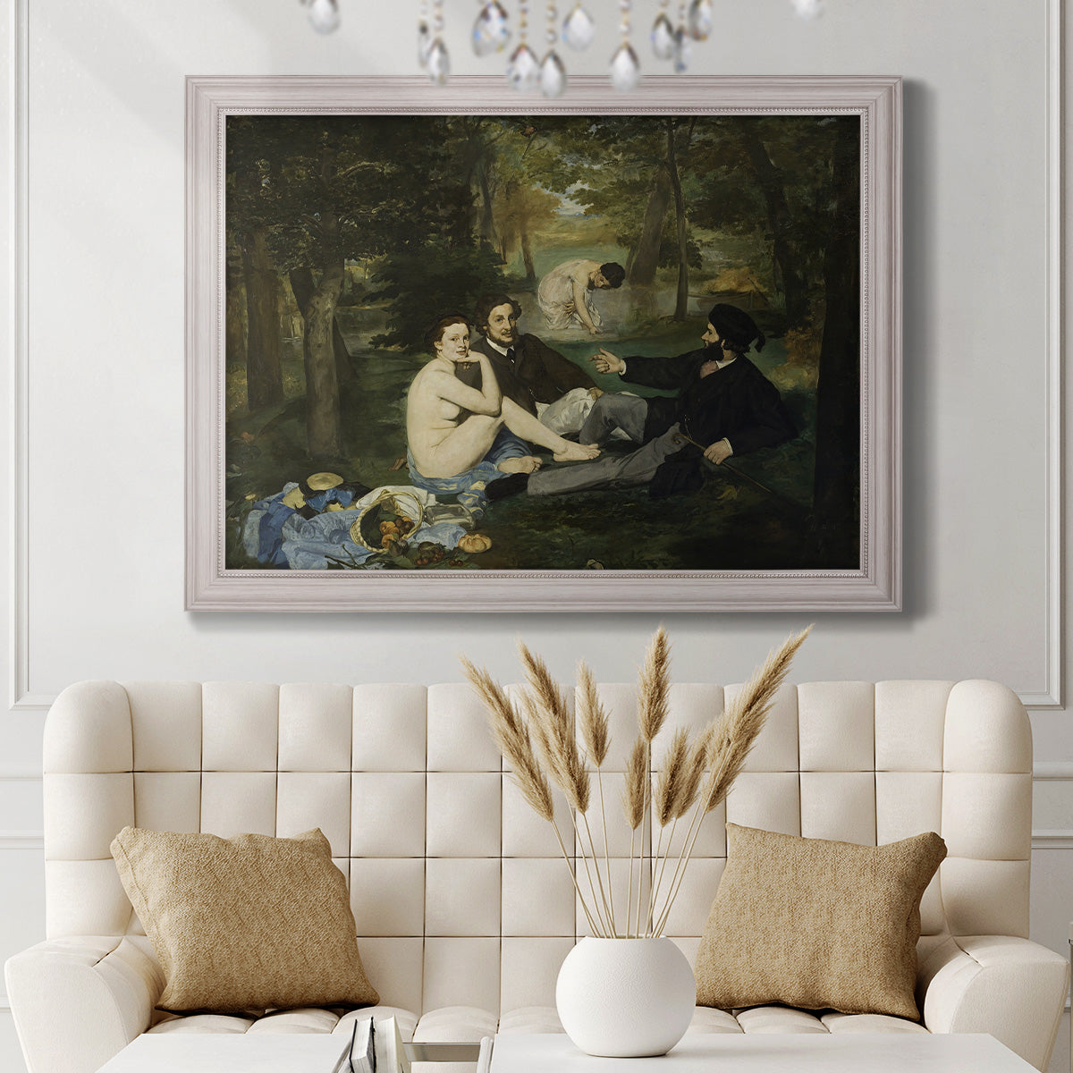 Groundbreaking impressionist picnic scene by Édouard Manet in an ornate weathered white frame displayed in a neutral-toned interior setting.