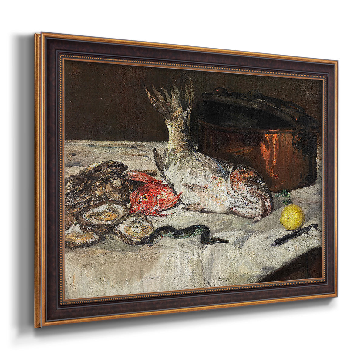 Impressionist still life painting of fish by Édouard Manet printed on canvas in an ornate bronzed mahogany wood frame.