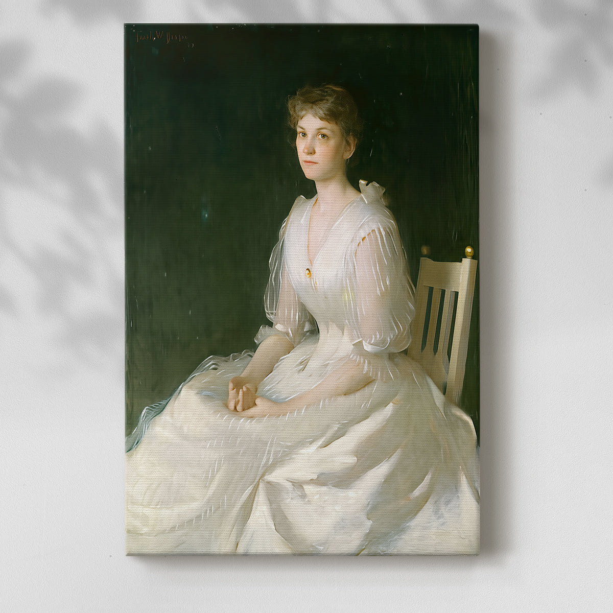 Canvas art print of a luminous figure with flowing fabric and gentle tones with a soft shadow on a white background.