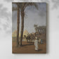 Canvas art print of a distant view of pyramids with figures in a sandy setting with a soft shadow on a white background.