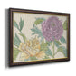Contemporary peony flower illustration printed on canvas in an ornate mahogany wood frame with gold liner.