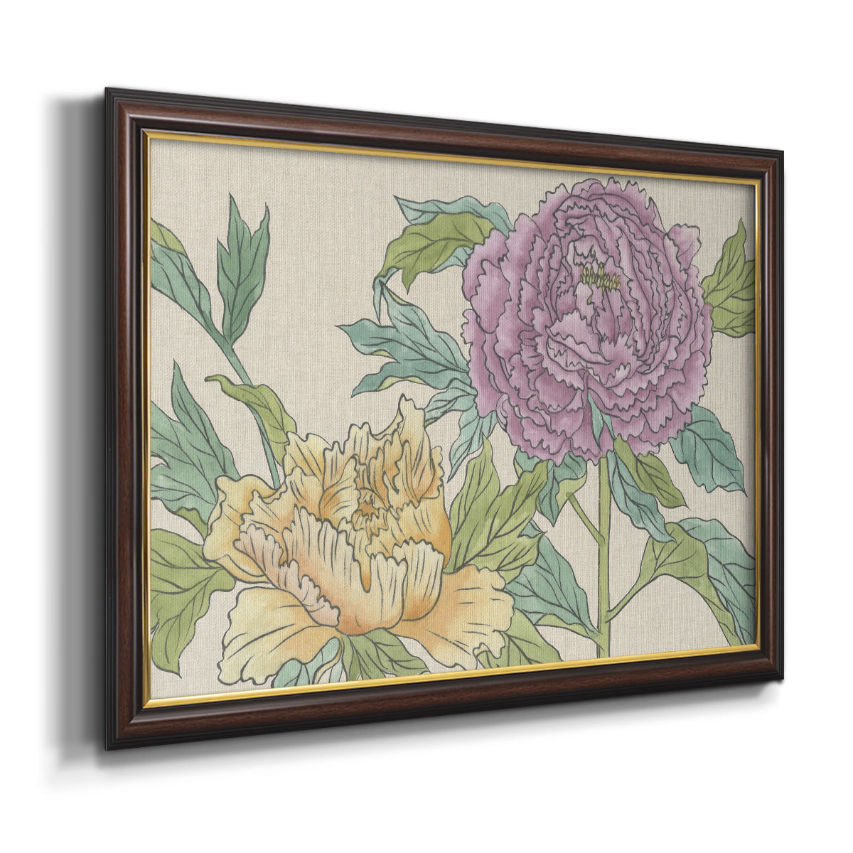 Contemporary peony flower illustration printed on canvas in an ornate mahogany wood frame with gold liner.