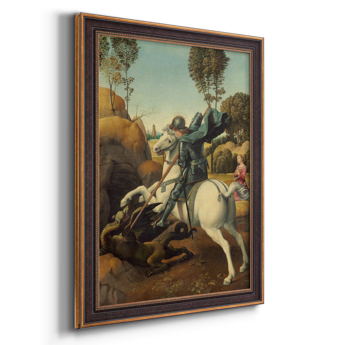 Religious painting of Saint George slaying the dragon by Raphael printed on canvas in an ornate bronzed mahogany wood frame with a vertical orientation.