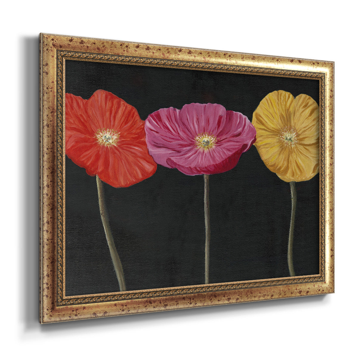 Contemporary poppy flower artwork printed on canvas in an ornate vintage gold frame.